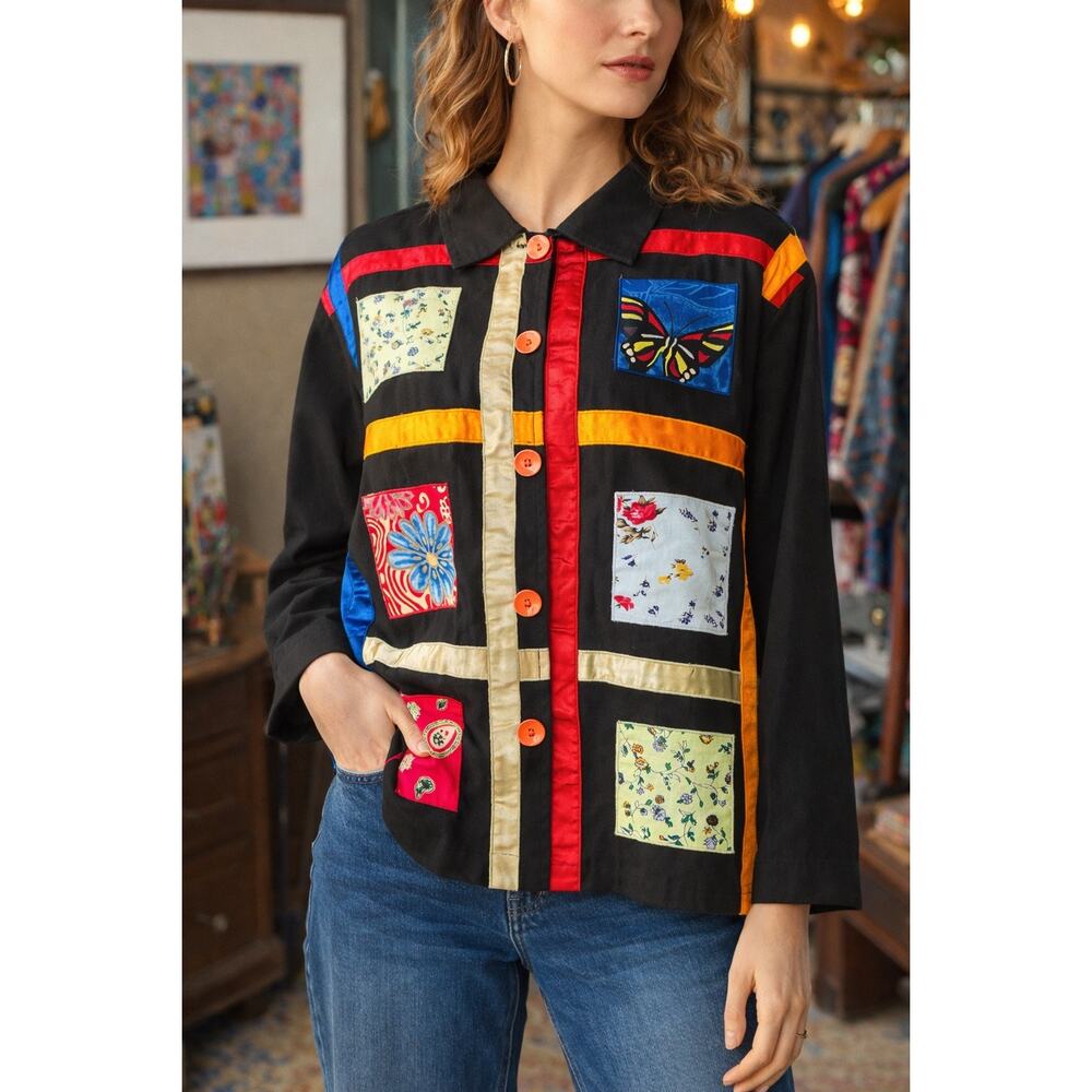 Vintage New Identity XL Patchwork Art Jacket Floral Butterfly Applique Boho